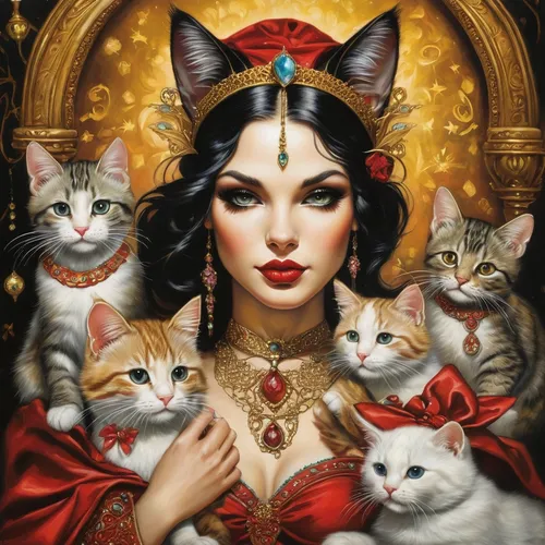 queen of hearts,capricorn kitz,cat family,cat lovers,lucky cat,fantasy art,felines,cleopatra,cats,fantasy picture,fantasy portrait,kittens,oriental princess,vintage cats,priestess,feline,purr,queen of the night,vintage art,orientalism,Illustration,Realistic Fantasy,Realistic Fantasy 10