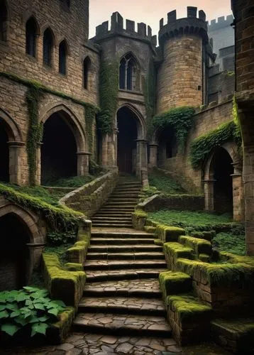 hostile architecture, medieval fortress, stone walls, battlements, towers, grand hall, stained glass windows, iron gates, drawbridge, moat, misty atmosphere, foggy morning, dramatic lighting, warm col