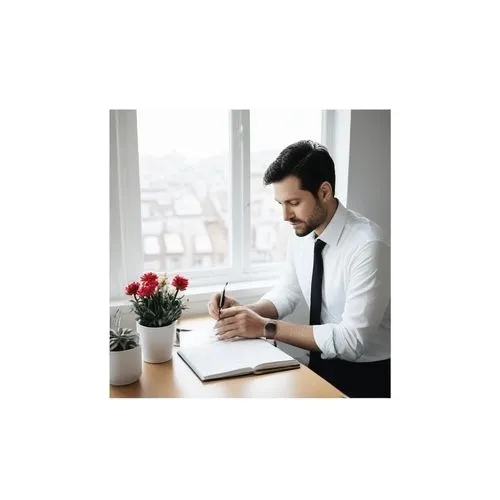 a man is sitting at a desk writing on paper,formateur,administratif,blur office background,business analyst,correspondence courses,accountant