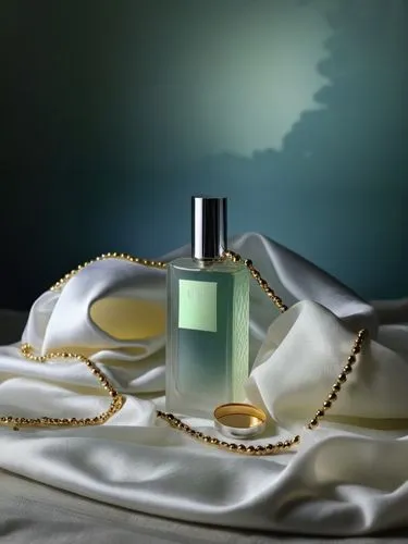 a bottle of perfume on top of a white sheet,parfum,scent of jasmine,fragrance,perfumer,perfumery,guerlain,Photography,General,Realistic