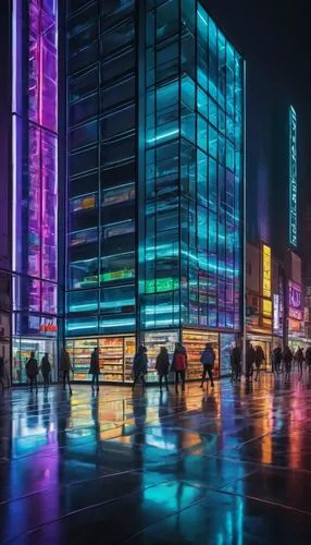 Modern supermarket, glass facade, steel frames, sleek lines, neon signs, LED lights, night scene, bustling streets, urban atmosphere, cityscape, skyscrapers in background, pedestrian traffic, shopping