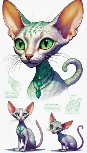 A striking Cornish Rex cat with soft emerald green eyes, its lithe form captured in a series of dynamic sketches against a pristine white backdrop, the lines flowing with Pixar-esque elegance, accente