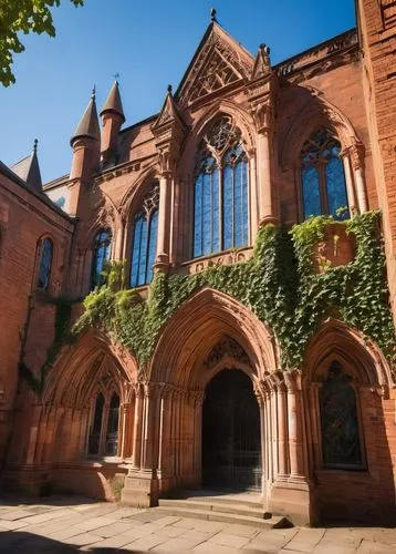 Ancient building, ornate architectural details, red bricks, stone carvings, Gothic style, pointed arches, stained glass windows, grand entrance, intricate stonework, ivy-covered walls, sunny afternoon