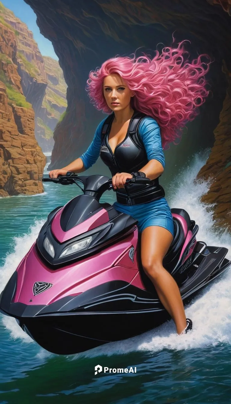 pink-hair Celtic woman, riding jet ski, huge chest, small waist, she has a long and curly hair, ((tight in a cave crevice)) illuminated by natural light. Shot with a Zeiss Otus 55 mm lens F/1.4, very 