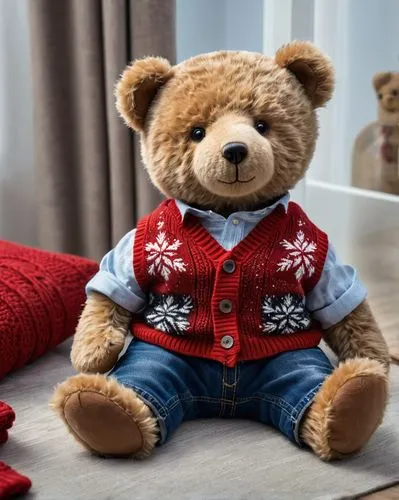 a-teddy-bear-wearing-a-red-sweater-vest-and-jeans-with-a-bas-clve9750j03cms601km4buvme,3d teddy,buffalo plaid bear,teddy bear waiting,christmas sweater,bear teddy,teddy-bear,knitted christmas backgrou