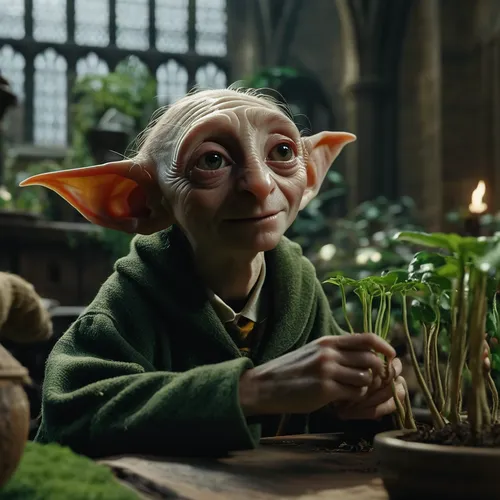 Scenes of life at Hogwarts School of Witchcraft and Wizardry under surveillance footage: Dobby the elf in magic plants class
,elf,magical pot,hobbit,elves,male elf,goblin,gnome,tender shoots of plants