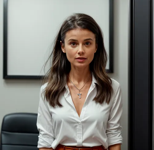 Same person wearing necklace and bracelets. She is  wearing a tucked in office suit and a car pulls her shirt,secretary,business woman,businesswoman,business girl,office worker,white shirt,pencil skir