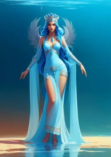 2D concept art, Achaemenid goddess Anahita, guardian of water, beautiful, long blue hair, long sleeve See-Through Achaemenid dress, silver crown, highly detailed, solid color background,a woman in blu