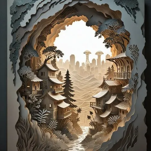 an artistic paper cut artwork depicting winter,paper art,fablehaven,book wallpaper,gondolin,nargothrond,erebor