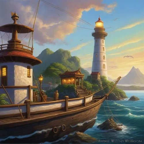 一艘漁船，經過發亮的燈塔,the painting shows people sitting on a boat near a lighthouse,cartoon video game background,background images,polynesia,yamatai,sea fantasy,windows wallpaper,Conceptual Art,Daily,Daily 09