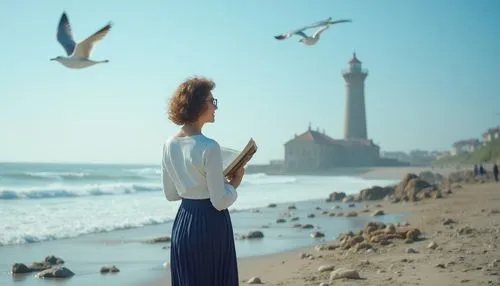 Mature lady, professor, solo, (35yo), short curly brown hair, glasses, elegant makeup, white blouse, dark blue pleated skirt, high heels, holding a book, standing, watching towers, coastal scenery, su