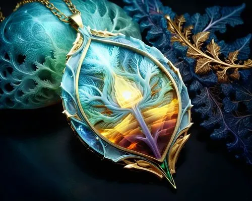 mesmerizing fractal ful colors,two necklaces sitting on top of leaves with leaves around them,elashyi,arkenstone,telos,pendant,fe rune,sekaric,Illustration,Realistic Fantasy,Realistic Fantasy 02