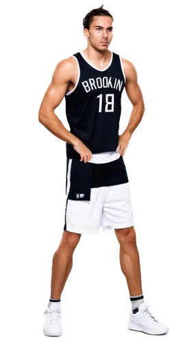 Brooklyn Nets, male basketball player, dynamic pose, athletic build, black jersey, white shorts, sneakers, determined facial expression, sweat droplets on forehead, muscular arms, intense gaze, urban 