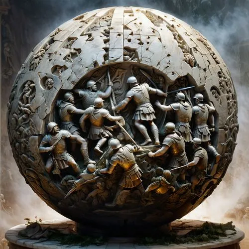 Create a detailed sculpture carved into a polished marble sphere. The scene should depict Roman soldiers as sculpted figures in relief, engaged in battle. Each soldier is carved into the surface of th