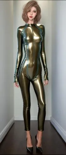 穿高跟鞋，双腿直立，双腿不交叉,a woman dressed as a catwoman in an alien costume,catsuit,fembot,thighpaulsandra,zentai,golden ritriver and vorderman dark,rubber doll