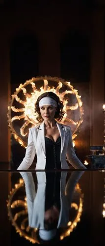 Su hermoso reflejo en un gran espejo,a woman is standing behind a desk and lights in the background,minogue,jamiroquai,moloko,amerykah,badu,videophone