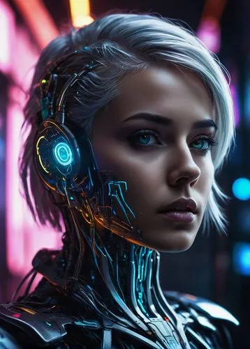 "AI-generated portrait, futuristic sci-fi theme, digital abstract background, glowing neon circuits, wires, and microchips, beautiful detailed eyes, sharp jawline, silver hair, robotic limbs, metallic