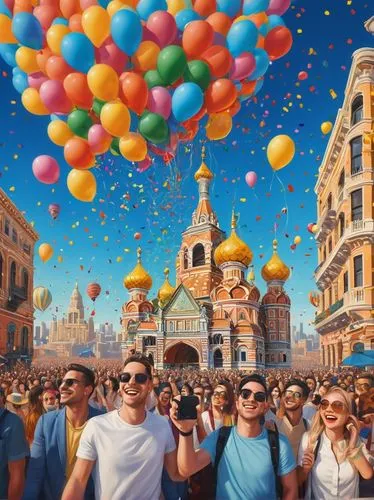 Vibrant colorful buildings, grand majestic skyscrapers, intricate detailed arches, ornate golden domes, stunning cityscape, celebration atmosphere, balloons floating high, confetti falling from sky, p