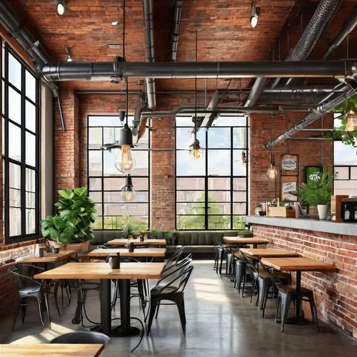 redbrick,loft,chefs kitchen,officine,brick oven pizza,contemporary decor,breakfast room,the coffee shop,lofts,brickyards,coffeehouse,daylighting,brickworks,coffeehouses,gastropub,brewpub,restaurants,tile kitchen,a restaurant,bistro,Illustration,Abstract Fantasy,Abstract Fantasy 23