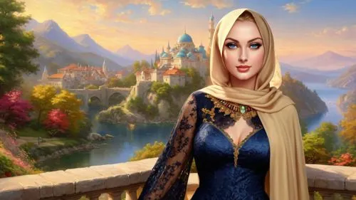 Romantic masterpiece oil painting, beautiful curvy busty woman portrait, lace abaya dress, nostalgic 1950's style kitsch, breathtaking beautiful epic vast landscape, majestic scenery, highly detailed,