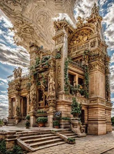 Entrance to a palace, staircase, statues, reliefs, garlands, cloudy sky,marble palace,thai temple,buddhist temple complex thailand,cambodia,asian architecture,angkor wat temples,vientiane,angkor,jain 