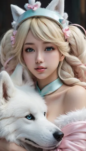 white shepherd,kitsune,fairy tale character,sakhalin husky,husky,west siberian laika,female doll,berger blanc suisse,malamute,samoyed,fantasy portrait,3d fantasy,fantasy picture,girl with dog,east siberian laika,fairytale characters,barbie,huskies,realdoll,wolf couple,Conceptual Art,Fantasy,Fantasy 11