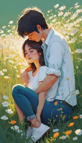 Tender moment, two souls, embracing, warmth, gentle hands, comforting touch, loving gaze, soft facial expression, tears of joy, white shirts, blue jeans, sneakers, casual wear, peaceful atmosphere, su