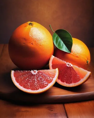 Grapefruit, still life, 3D modeling, realistic texture, smooth surface, vibrant orange color, subtle shine, studio lighting, shallow depth of field, blurred background, fruit arrangement, wooden table