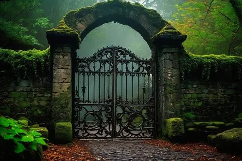 Mysterious misty gates, abandoned ancient castle entrance, vines crawling up stone walls, foggy atmosphere, dim lanterns hung on rusty iron chains, moss-covered cobblestone path, eerie silence, mornin