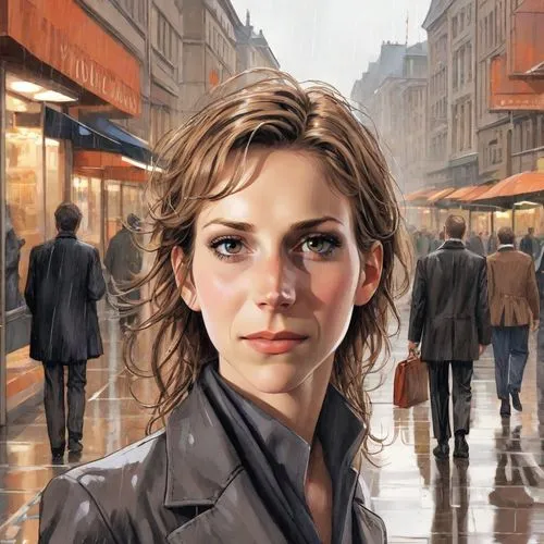 city ​​portrait,sci fiction illustration,the girl at the station,a pedestrian,female doctor,walking in the rain,pedestrian,world digital painting,detective,mystery book cover,woman at cafe,the girl's face,game illustration,woman shopping,street scene,main character,the market,woman thinking,vesper,blind alley,Digital Art,Comic