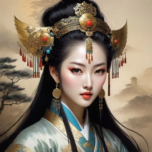 Chinese Imperial Palace of the Qin Dynasty, on the throne sits a very beautiful charming Chinese woman with very beautiful expressive eyes, sparkling pupils, beautiful thin lips, beautiful long hair, 