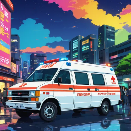 ambulance,emergency ambulance,paramedic,emergency medicine,emergency room,emt,emergency vehicle,police van,wuhan''s virus,sci fiction illustration,ems,first responders,tokyo city,white fire truck,emergency service,city trans,medical illustration,police car,health care provider,emergency call,Illustration,Japanese style,Japanese Style 03