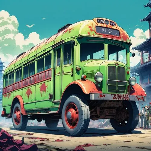 red bus,school bus,bus,omnibus,city bus,trolley bus,Illustration,Japanese style,Japanese Style 03