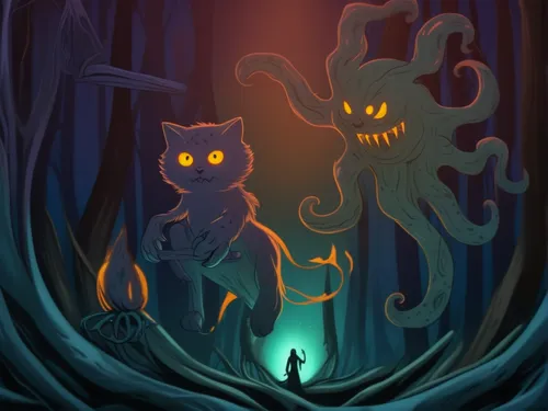 KITTEN with fire in dark forest with monster with tentacles,haunted forest,game illustration,creatures,spirits,encounter,sci fiction illustration,neon ghosts,mirror of souls,halloween ghosts,guards of