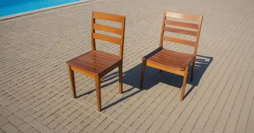 two wooden chairs with slats by a swimming pool,beach furniture,deckchairs,deck chair,chairs,beach chairs,chaises,Photography,General,Realistic