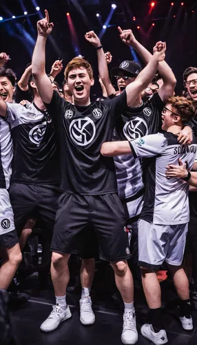 Write a victorious scene of Team SoloMid celebrating their win at a major tournament.,greek in a circle,team spirit,korean fan dance,kapparis,elo,dsgvo,champion,vitality,e-sports,owl background,zao,ze