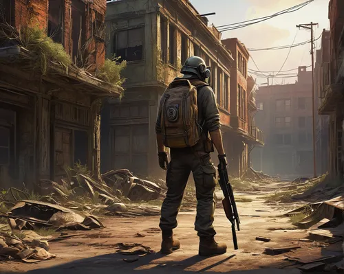 post apocalyptic,lost in war,post-apocalyptic landscape,warsaw uprising,post-apocalypse,war correspondent,cargo pants,wasteland,paratrooper,game illustration,rifleman,apocalyptic,war zone,fallout4,nomad,stalingrad,game art,concept art,background images,background image,Illustration,Retro,Retro 19