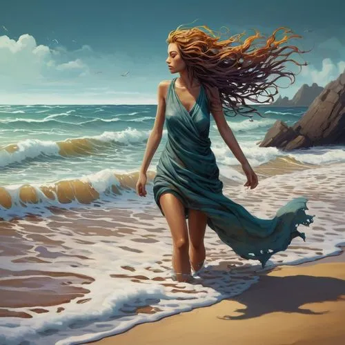 the wind from the sea,donsky,amphitrite,beach background,little girl in wind,world digital painting,Conceptual Art,Fantasy,Fantasy 21