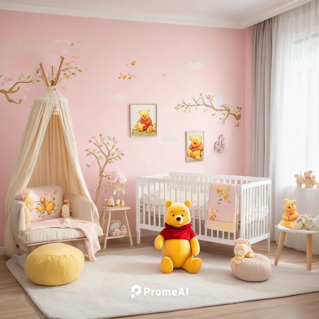 winny the pooh theme nursey for baby girl,baby room,nursery decoration,kids room,nursery,children's bedroom,children's room,the little girl's room,room newborn,infant bed,boy's room picture,baby bed,c