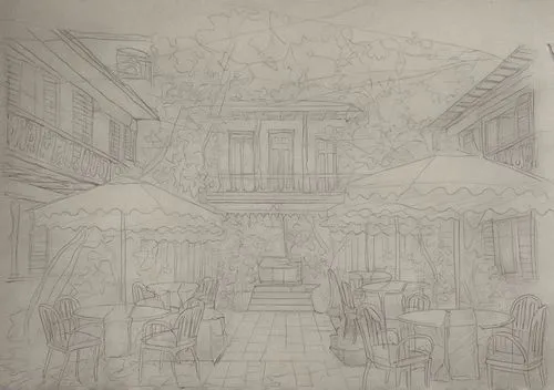 penciling,underdrawing,teahouse,pencilling,teahouses,tearoom,sketching,parasols,pencils,the coffee shop,watercolor tea shop,pencil and paper,roughs,tavern,house drawing,silverpoint,line drawing,game drawing,lineart,mono-line line art,Design Sketch,Design Sketch,Pencil