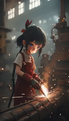 Young woman working in workshop welding a pipe construction,a female worker in a factory with sparks,himiko,pinocchio,tenko,monogatari,sango,kids illustration