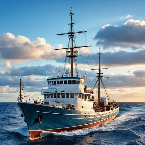 A 1950s research vessel sailing the high seas.,schoolship,noorlander,trawler,commercial fishing,fishing vessel,training ship,guardship,seagoing vessel,whaleships,commandeer,merchantman,sea sailing shi