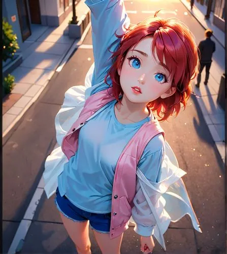 a photography of a beautiful caucasian girl 23 years old, red hair, blue eyes, red lips and glass wearing a blue top and pink shorts stand up in a street at sunset,a woman standing on a street holding