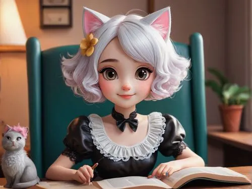 girl studying,demobilised,bjd,tutor,little girl reading,eloise,dollfus,demobilising,doll cat,storybook character,nanami,dollfie,cat's cafe,cute cartoon character,fluffy diary,painter doll,artist doll,librarian,study,felicia,Illustration,Paper based,Paper Based 11