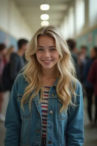 A portrait of an average high school girl standing in the hallway, surrounded by her friends and other students, looking at the camera with blonde hair, wearing a denim jacket, smiling with a confiden