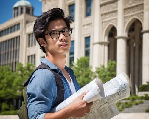 Architecture student, male, 25yo, glasses, short black hair, casual wear, blue denim shirt, dark jeans, sneakers, backpack, holding a large rolled-up blueprint, standing in front of a modern universit