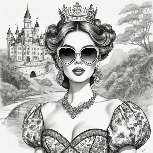 noblewoman,countess,queen of hearts,coloring page,heiress,viscountess,Illustration,Black and White,Black and White 30