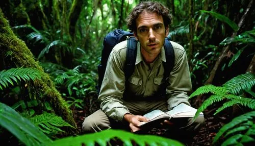 male researcher, 30s, khaki clothing, boots, backpack, binoculars, notebook, pen, Amazon rainforest, humid, dense foliage, exotic plants, giant trees, spider webs, various species of spiders, close-up