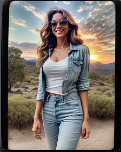 
generate a polaroid photo style image with the appearance of a photo weathered by time, with a 360 degree panoramic view, on a wonderful sunset day with a spectacular, wonderful sky and She is a very