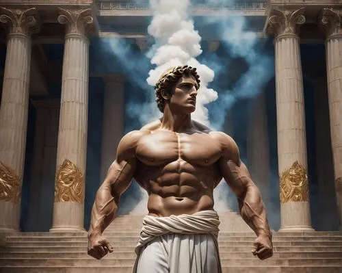 Greek mythology-inspired god complex, majestic temple in the background, intricate carvings, gold accents, marble columns, grand stairs, divine lightning bolts, dramatic smoke effects, powerful muscul